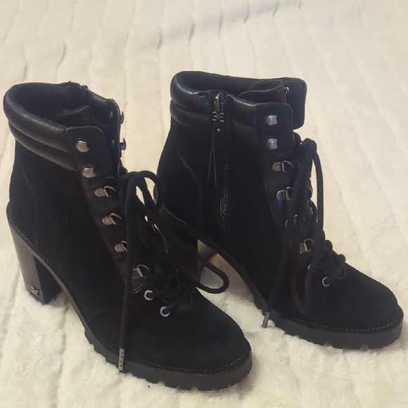 Sam Edelman Carolena Black Suede Block Heeled lug soled laced Combat Style Boot - Picture 1 of 8